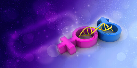3D rendering Gender symbols of man and woman with dna
