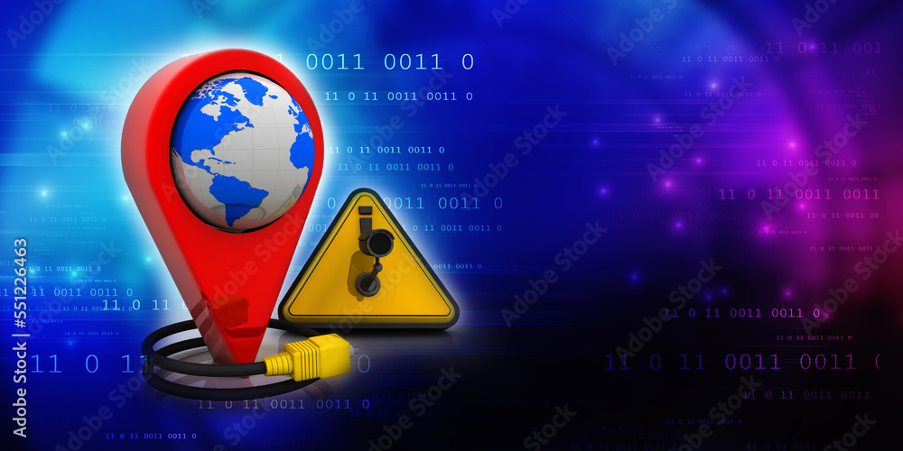 Poster 3d rendering red map pointer around globe connected aux cable near cctv