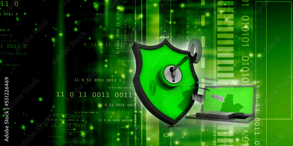 Poster laptop with shield. isolated 3d rendering image