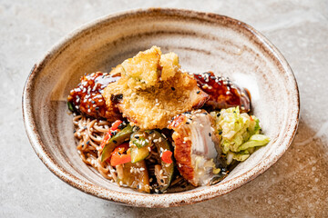 soba with tempura in bowl