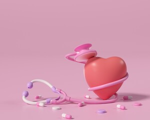Medical stethoscope, cartoon style, health care. World Heart Day. The heart is a symbol of maintaining health. Donation and heart disease on pink background 3 d frame illustration