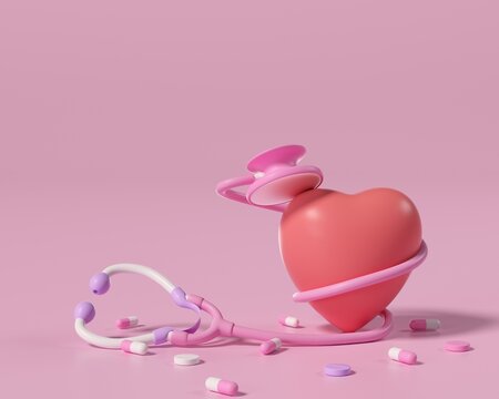 Medical stethoscope, cartoon style, health care. World Heart Day. The heart is a symbol of maintaining health. Donation and heart disease on pink background 3 d frame illustration - Powered by Adobe