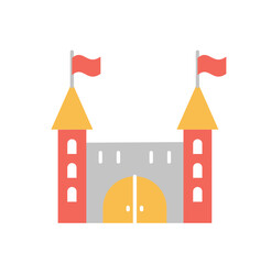 Red castle icon. Wooden gates with stone towers, medieval real estate and buildings. Fortification and fort, defense against attacks. Graphic element for website. Cartoon flat vector illustration