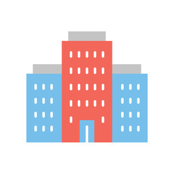 Fototapeta premium Colored highrise buildings icon. Apartment buildings. Urban architecture. Sticker for social networks and messengers. Template, layout and mockup for website. Cartoon flat vector illustration