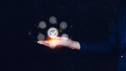 Quality management with Quality assurance or QA and Quality control or QC and improvement. Standardization and certification concept. compliance to regulations and standards. concept with manager.