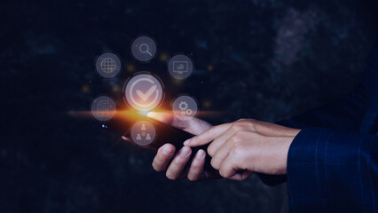 Quality management with Quality assurance or QA and Quality control or QC and improvement. Standardization and certification concept. compliance to regulations and standards. concept with manager.