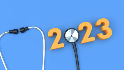 2023 Typography Lettering On Blue Background 3d Illustration. New Year for Healthcare, Medicine and Doctors. Concept of Diagnosing With Stethoscope
