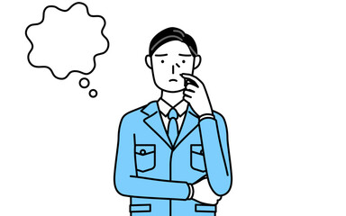 顔をかきながら考える作業着を着た男性（経営者、管理職、工場長）