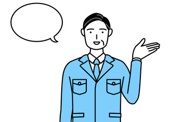 ふきだしつき、案内をする作業着を着た男性（経営者、管理職、工場長）