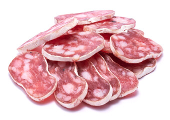 slices of Spanish Fuet thin dried salami sausage isolated on a white background