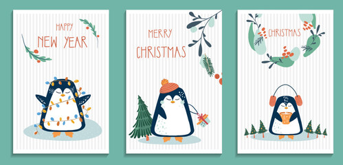 Fototapeta na wymiar Christmas greeting cards or invitation with wreath, penguins and hand written text Merry Christmas