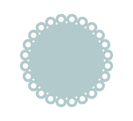 Circle scalloped frame. Scalloped edge round shape. Simple label and sticker form. Flower silhouette lace frame. Repeat cute vintage frill ornament. Vector illustration isolated on white background.