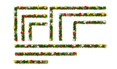 Beautiful Christmas Wreath like line set with red orbs and snowflakes and shiny stars on transparent background (RGBA 3D Rendering PNG)