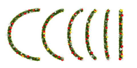 Beautiful Christmas Wreath like bent line set with red orbs and snowflakes and shiny stars on transparent background (RGBA 3D Rendering PNG)