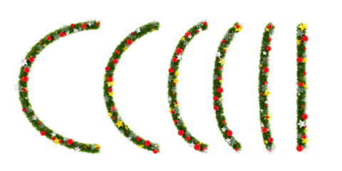 Beautiful Christmas Wreath like bent line set with red orbs and snowflakes and shiny stars on transparent background (RGBA 3D Rendering PNG)
