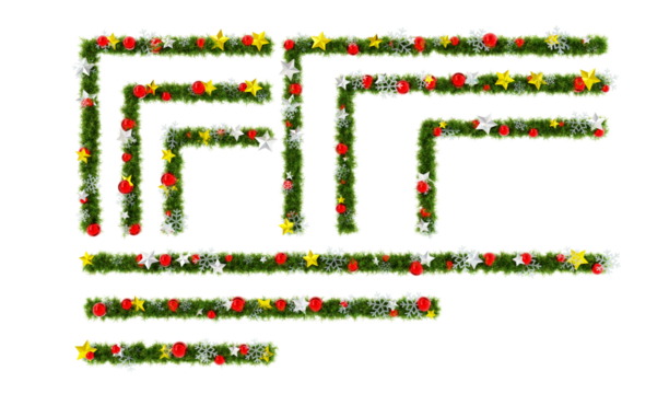 Beautiful Christmas Wreath like line set with red orbs and snowflakes and shiny stars on transparent background (RGBA 3D Rendering PNG)