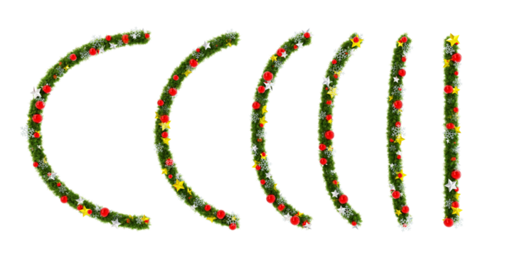 Beautiful Christmas Wreath like bent line set with red orbs and snowflakes and shiny stars on transparent background (RGBA 3D Rendering PNG)