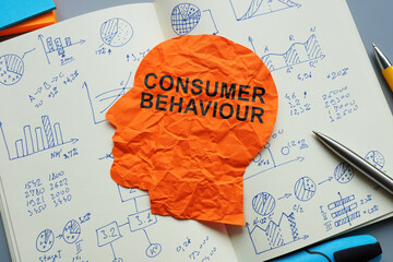 Consumer behaviour sign on a paper head and open notepad with marks.