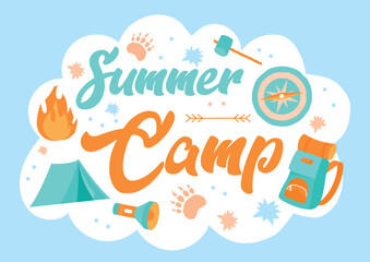 Summer camp concept. Inventory and camp icon. Tent, backpack and hammer. Active lifestyle and sports. Poster or banner for website, cover. Hiking and camping. Cartoon flat vector illustration