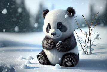 Cute panda baby fantasy cartoon in winter snow, Generative AI