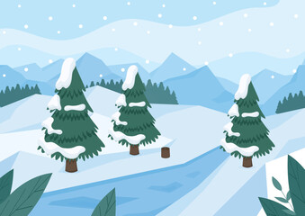 Fototapeta premium Winter landscape concept. Christmas trees under snow, cold weather. Graphic element for website. Poster, banner and background. Christmas and New Year symbol. Cartoon flat vector illustration