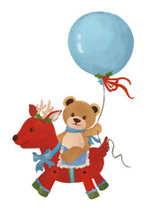 Cute bear riding a toy reindeer