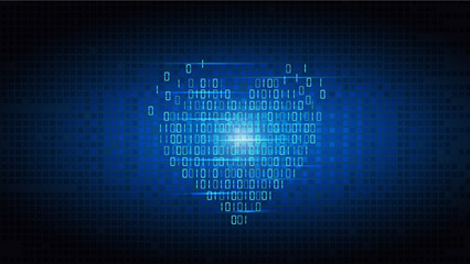 Technology heart. Love data code. Digital tech matrix for Valentine Day. One and zero symbols encryption. Binary internet coding. Programming background. Vector illustration concept