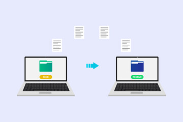 File Transfer between two laptop using internet, Send of document. Data encryption protected connection vector illustration.