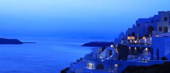 The famous of view point with blue sky scene at Fira town on Santorini island, Greece