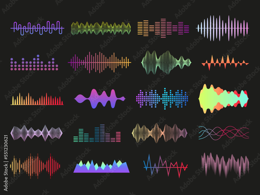 Wall mural Sound wave bar. Music waveform. Audio equalizer. Beat logo of soundwave. Stereo frequency icons set. Musical volume graph. Soundtrack digital visualization. Vector abstract pulse forms