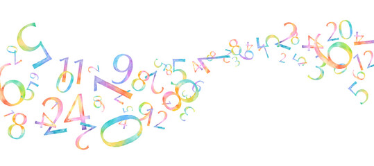 レインボーカラーの数字の水彩イラスト。時間、数字の流れのイメージ。（ベクター。レイアウト変更可能）