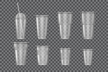 Realistic plastic glass. Transparent juice mug. Water cup with lid and straw. 3D liquid container. Smoothie and cocktail. Portable size. Takeaway drinks packages set. Vector blank design