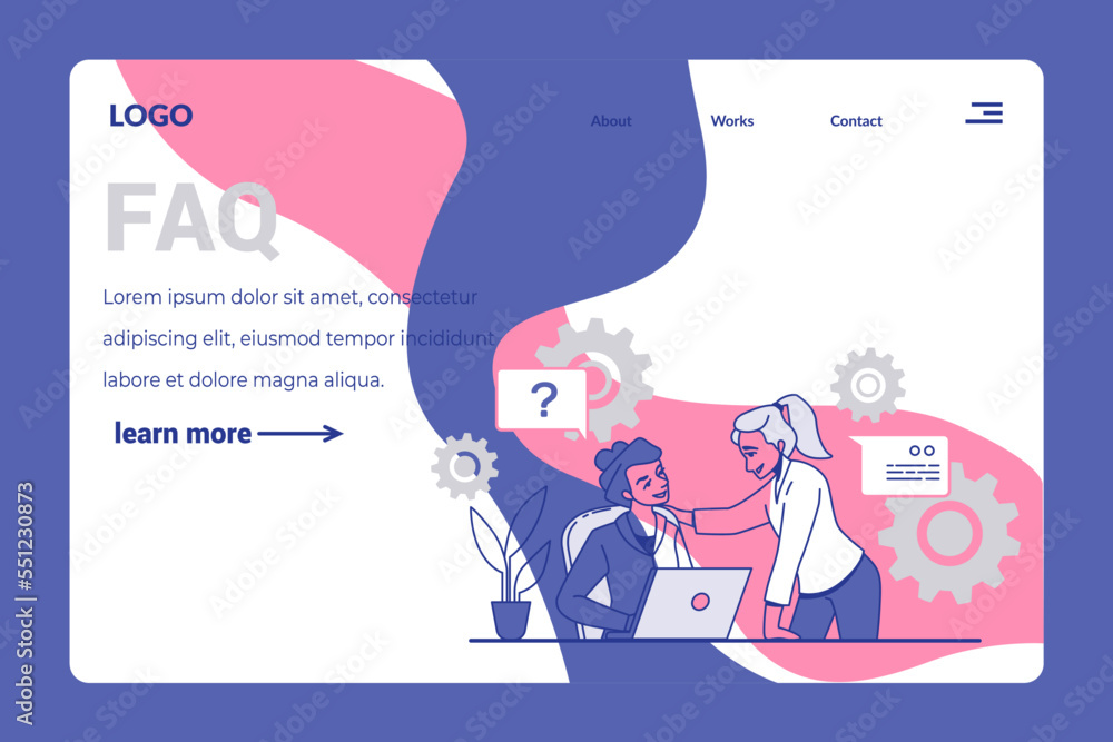 Poster Office team. FAQ landing page. Business support. Women work with computers. . Professional question answers. Online help service. Technical assistance. Vector website template design