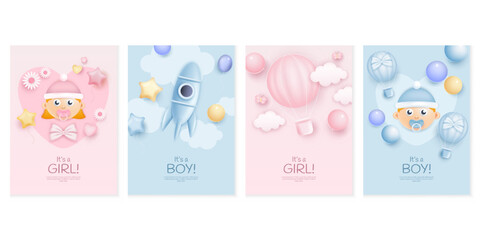 3D baby shower. Boy and girl greeting cards design. Toddler faces. Newborn kids celebration. Pink and blue invitations set. Sun and clouds. Rocket and balloons. Vector cartoon background