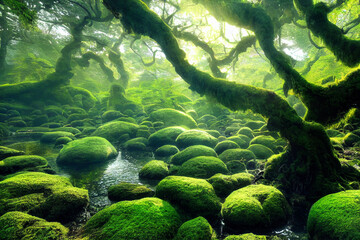  forest, moss-covered rocks, sunlight, reflecting water