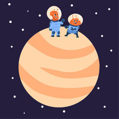 Cartoon alien cosmonauts on planet. Astronauts in space suits. Cute monster characters, childish print or poster, kids adventures, creature explore universe vector isolated illustration
