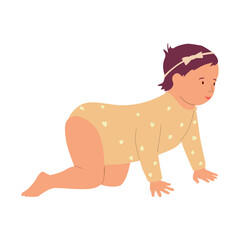 Baby girl. Cartoon flat style isolated on white background illustration. Female baby in beige clothes, happy infant smiling, cute little newborn child. Children crawling. Vector toddler