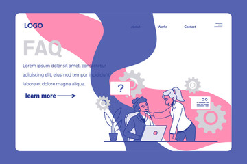 Office team. FAQ landing page. Business support. Women work with computers. . Professional question answers. Online help service. Technical assistance. Vector website template design