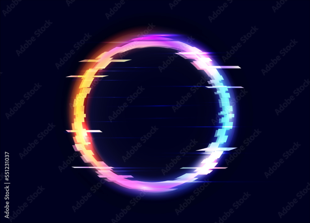 Aufkleber glitch neon circle, futuristic frame. cyber holographic pixel round border, digital tv noise televis