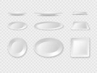 Realistic plate. Circle, oval and square clean dishes. White empty bowl. Table platter with shadows. 3D food crockery. Kitchen tableware set. Different view angles. Vector utensil mockup
