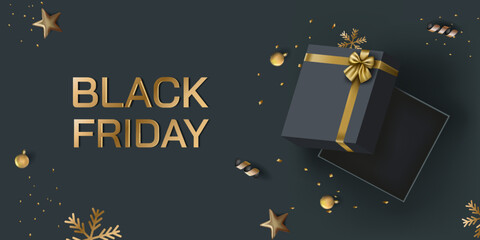 Fototapeta na wymiar Black friday sale, gift box. Gold christmas present, 3d luxury birthday event coupon, noel render. Web banner background. Shopping discount poster template. Vector card design