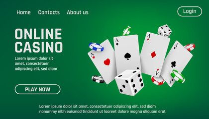 Online casino, gamble poker landing page. Blackjack fortune game or bet coins, cash in internet, tablet background. Vegas gambling banner template. Realistic 3d elements. Vector illustration