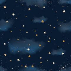 Naklejka premium Night sky. Golden stars and clouds. Blue galaxy space with gold sparkles. Starry heaven. Cosmic background for astrology horoscope. Magic night. Starlight glitter. Vector seamless pattern