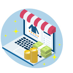 Successful online store concept, Laptop with an awning and the cash