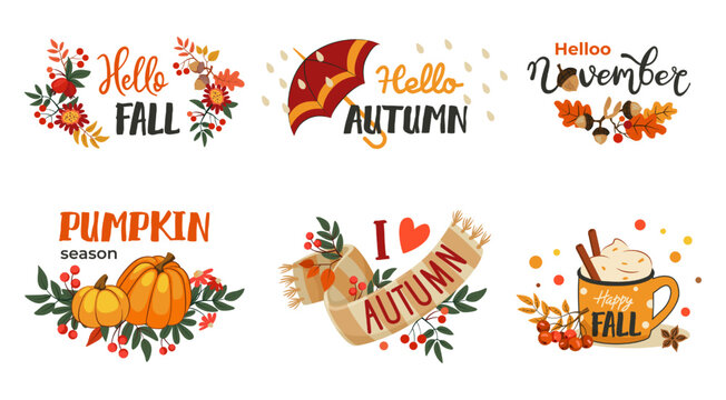 Fall pumpkin elements. Autumn typography. Cute season stickers with text. Cozy scarf. Acorn leaves. Quote decor. Seasonal lettering set. Pumpkin and umbrella. Vector illustration design