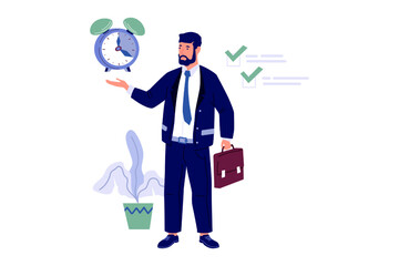 Time management. Business people planning work and strategy. Tasks priority. Agenda control. Completed goals checkmarks. Man with alarm clock. Vector productive job organization concept