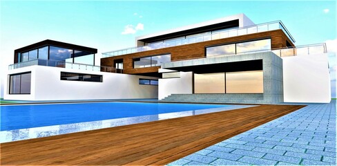 The model of the contemporary suburban house built in minimalist style. Comfortable poolside in front of the entrance. 3d rendering.