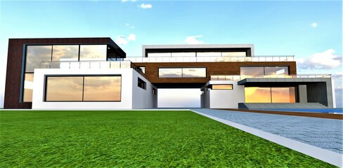 Fototapeta premium An emptyness behind the arch of the contemporary elite building. The sunset reflected in the glass entry door. 3d rendering.