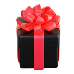 Realistic black gift box with red ribbon bow. Concept of abstract holiday, birthday, Christmas or Black Friday present or surprise. 3d high quality isolated render
