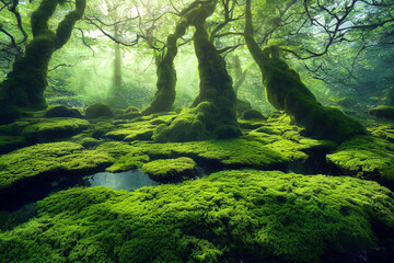  forest, moss-covered rocks, sunlight, reflecting water